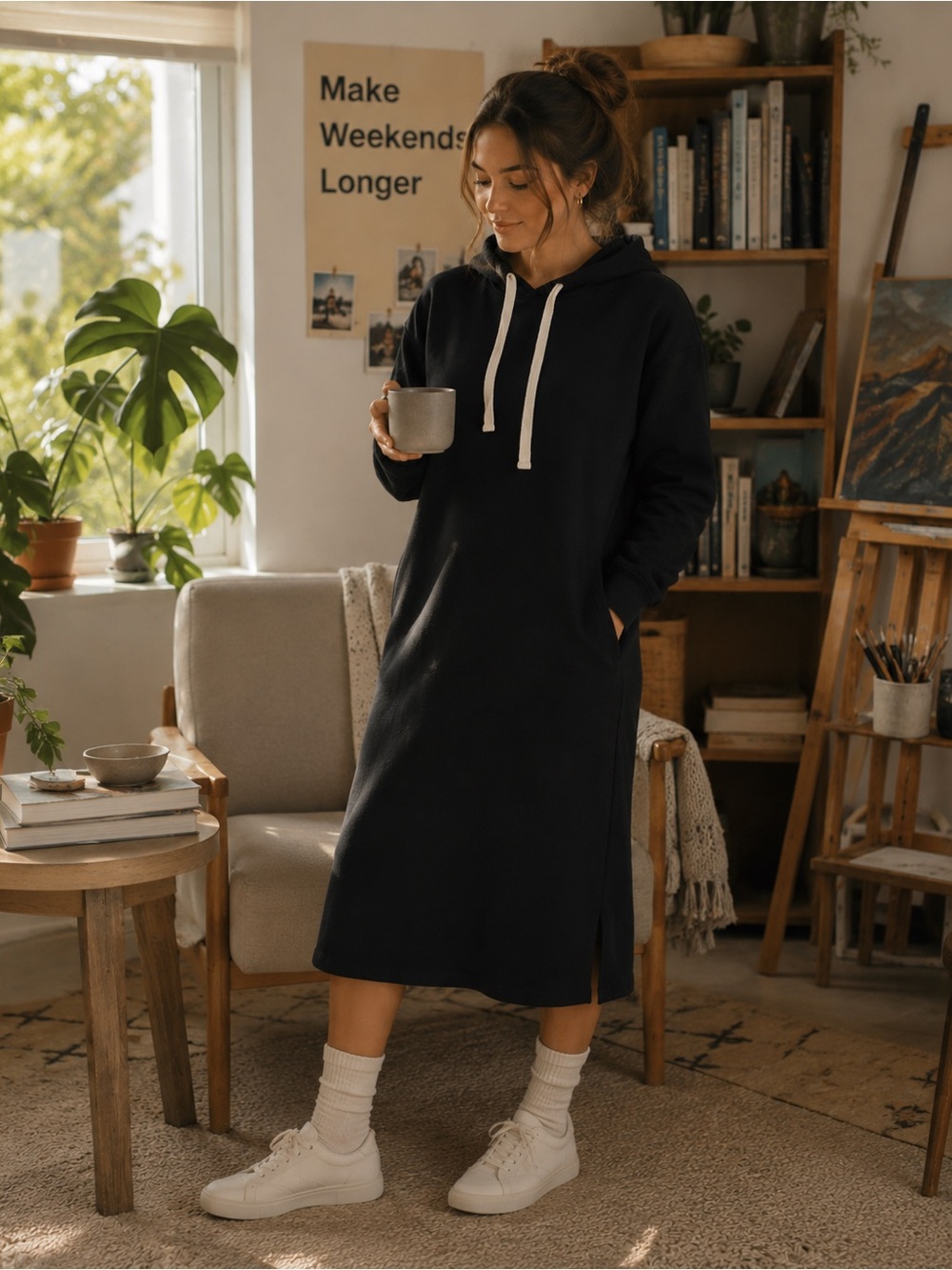 Madewell Black Hoodie Midi Dress with White Drawstrings